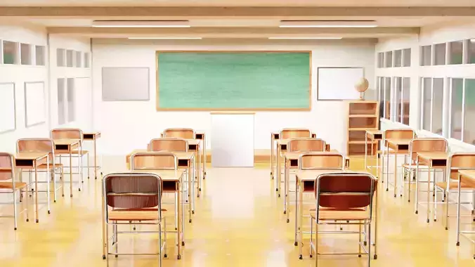 Classroom empty with wooden desks and chalkboard