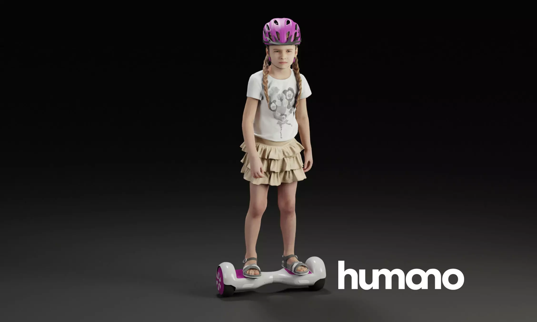 Humano Young girl riding a hoverboard with a helmet 0916 3D model_0