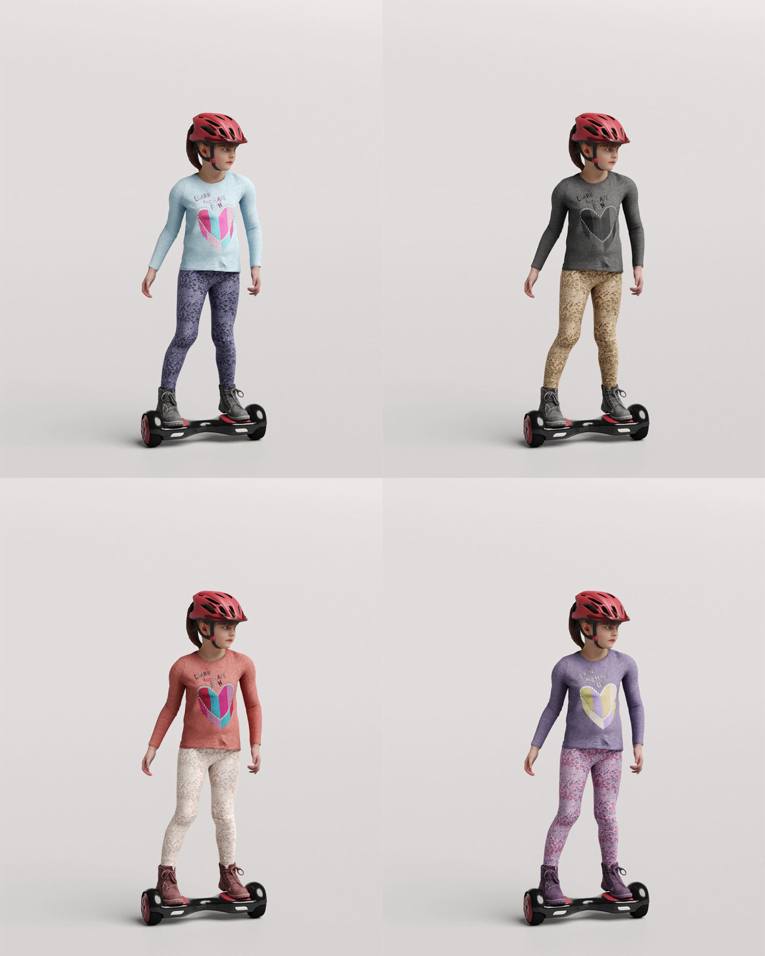 Humano Young girl riding a hoverboard with a helmet 0917 3D model_4