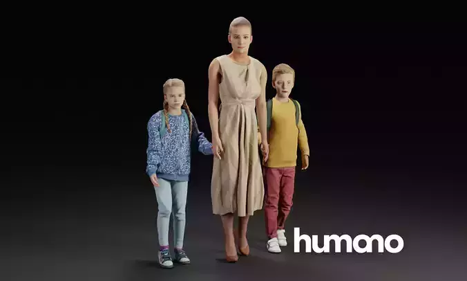 Humano Group model mother going with boy and a girl 0922 3D model