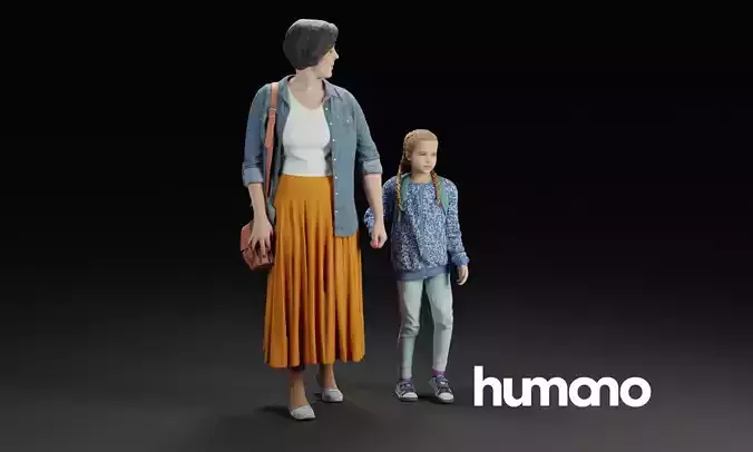 Humano Group model Mother walking with a young girl 0923 3D model