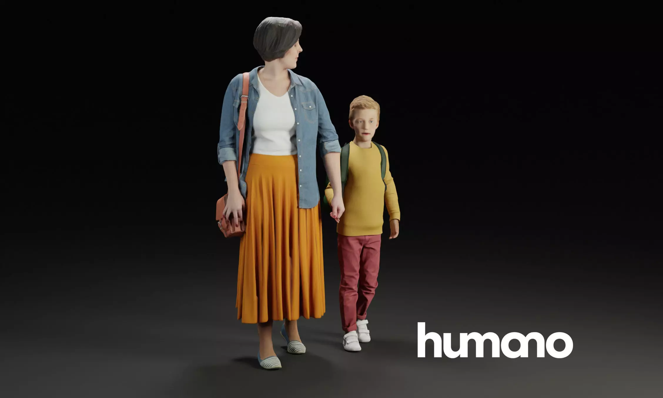 Humano Group model Mother walking with a young boy 0924 3D model_0