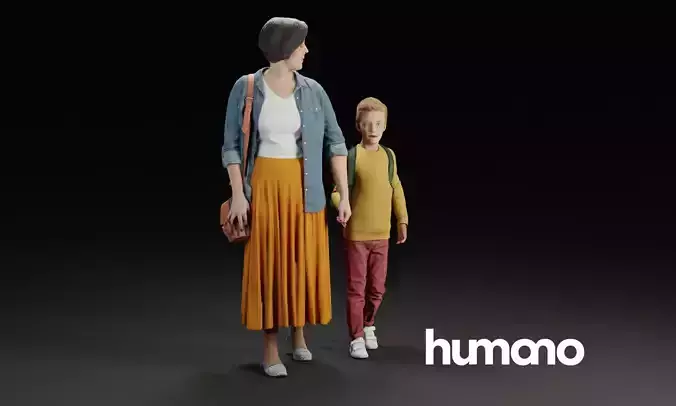 Humano Group model Mother walking with a young boy 0924 3D model