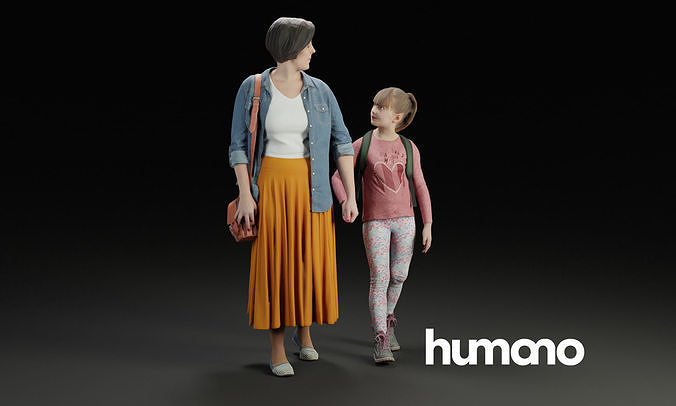 Humano Group model Mother walking with a young girl 0925 3D model