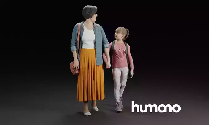 Humano Group model Mother walking with a young girl 0925 3D model