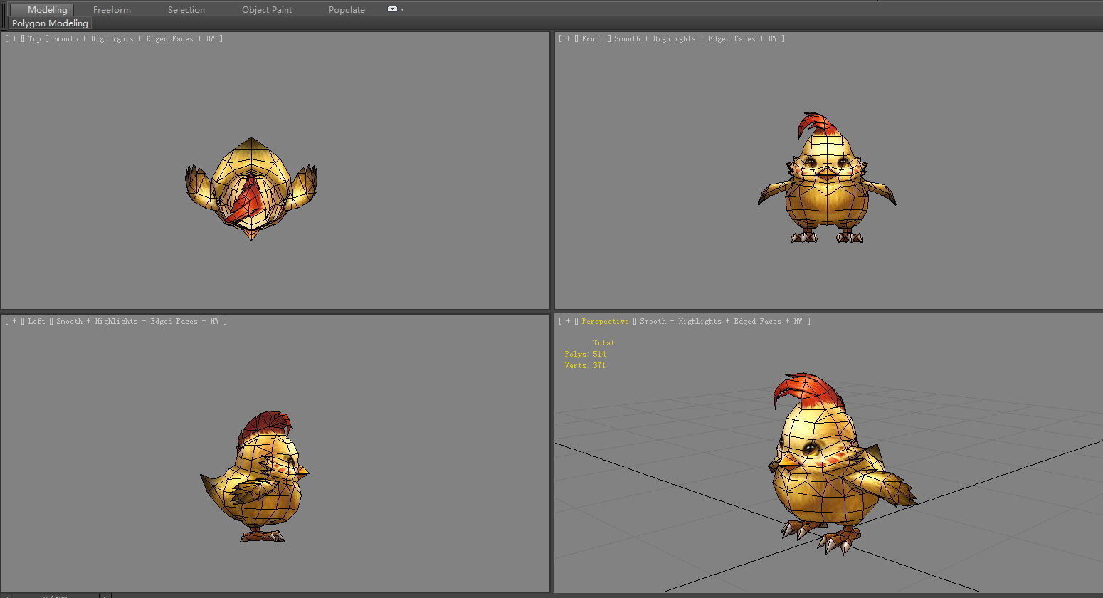 Cartoon yellow chicken - red cockscomb Low-poly 3D model_5