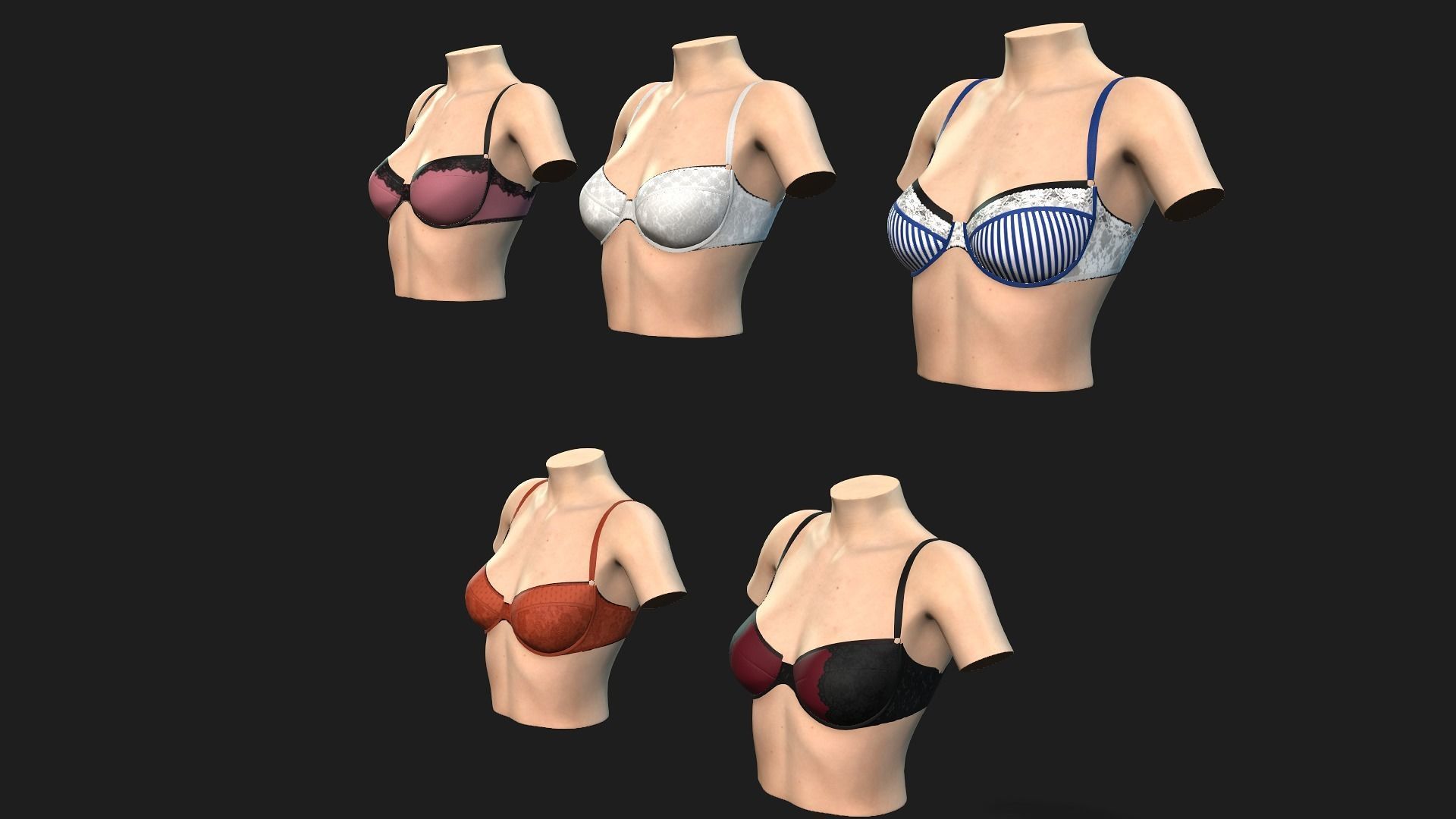 5 in 1 collection bra on mannequin 3D model_1