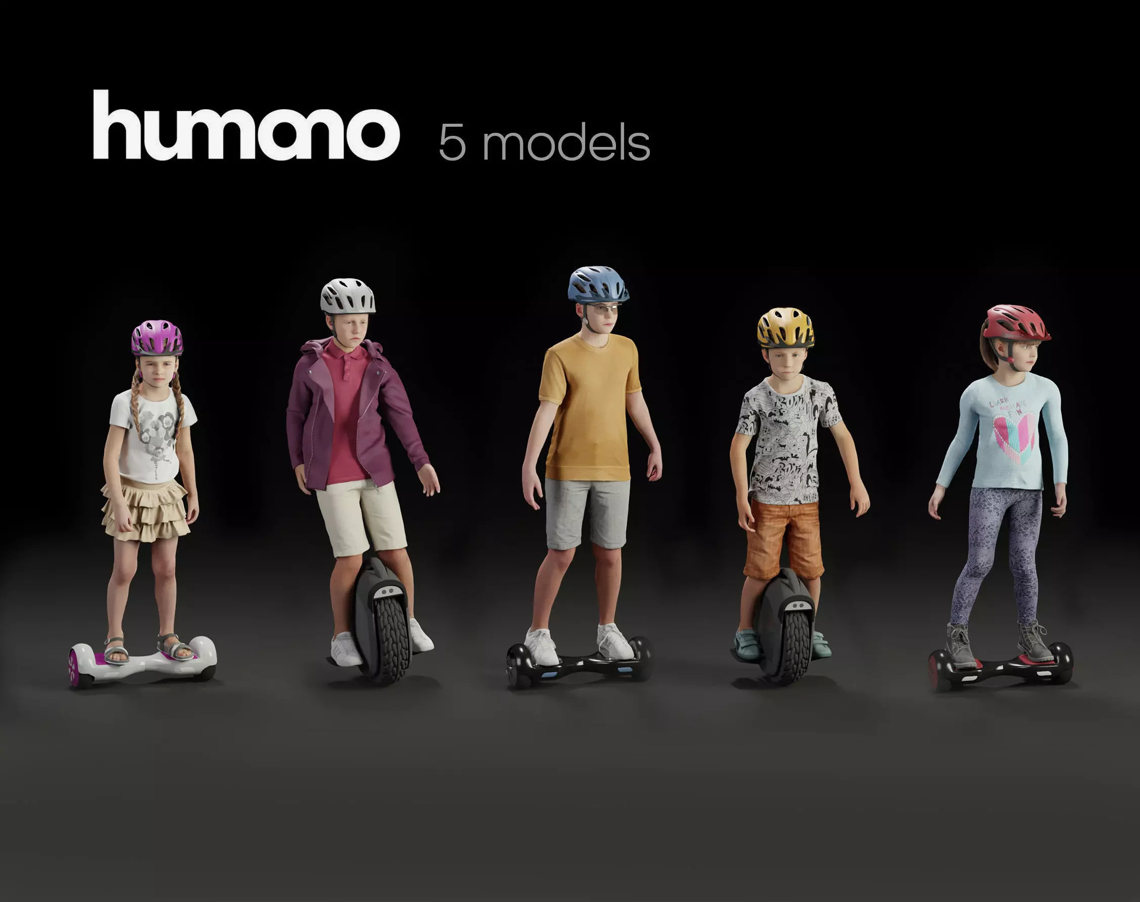 Humano 5-PACK - CHILDREN KIDS ON HOVERBOARDS - 5x 3d models 09D 3D Model Collection_0