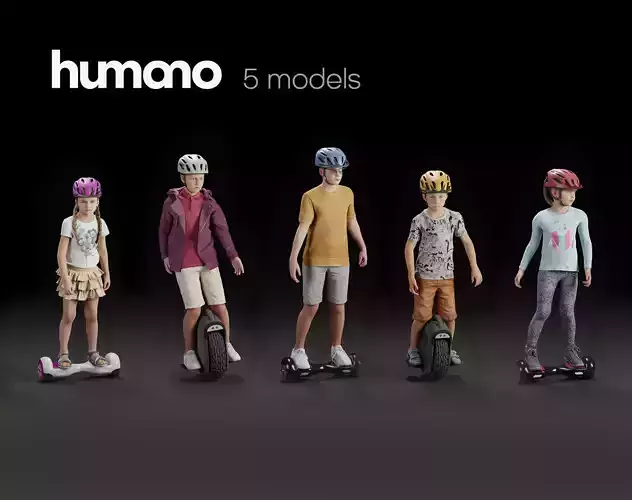 Humano 5-PACK - CHILDREN KIDS ON HOVERBOARDS - 5x 3d models 09D 3D Model Collection