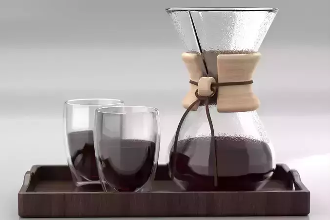 Chemex Coffee Decanter With Bodum Glasses on Wooden Tray