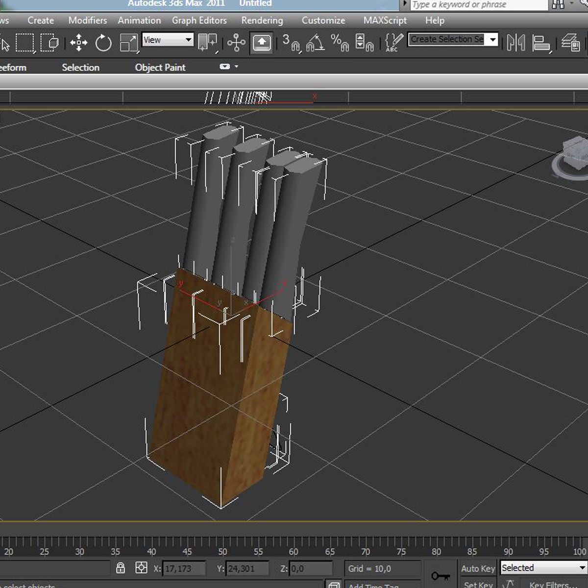 knives three in wooden box 3D model_6