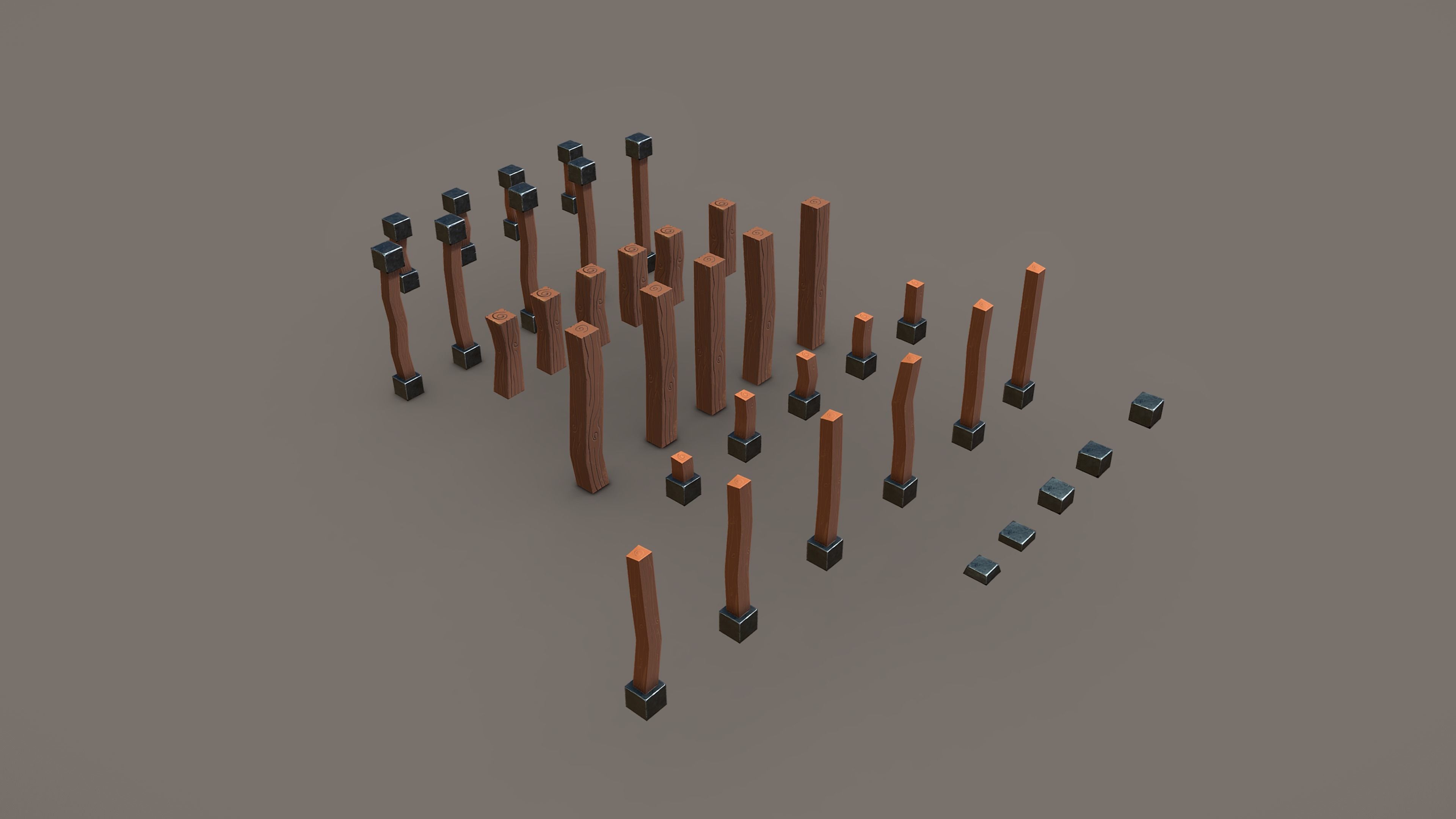 Stylized PBR Wooden Posts Pack Low-poly 3D model_2