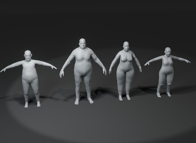 Fat Human Body Base Mesh 3D Model Family Pack 10k Polygons Low-poly 3D model
