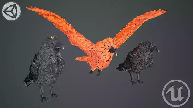 Raven three birds Low-poly 3D model