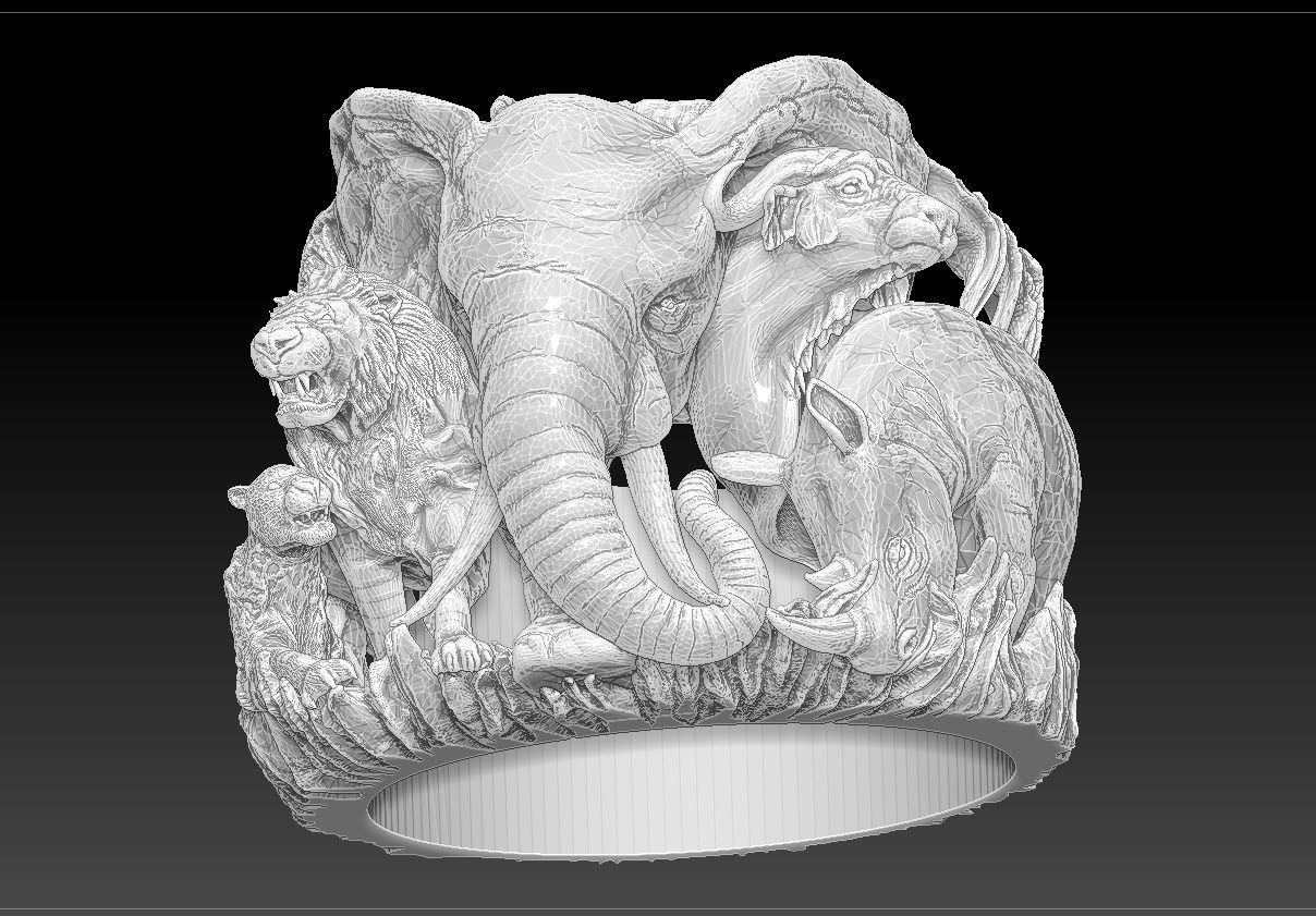 Big five animal ring 3D print model_15