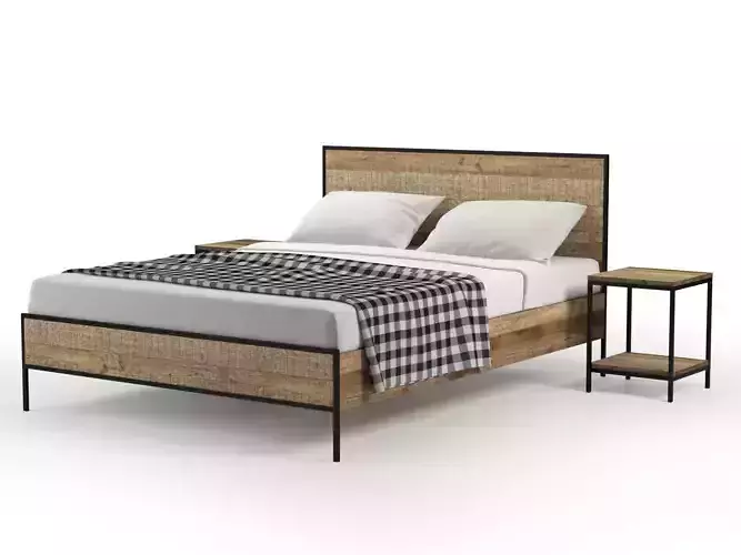 Urban-Rustic-set-01 bed frame and nightstands 3D model