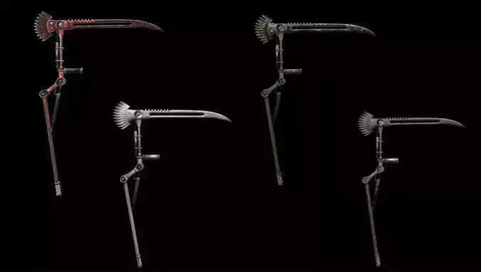 Scythe steampunk low poly 4 texture options and high poly