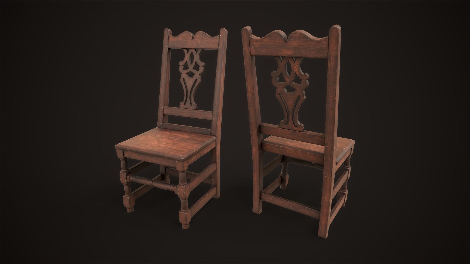 Old medieval chair Low-poly 3D model_2