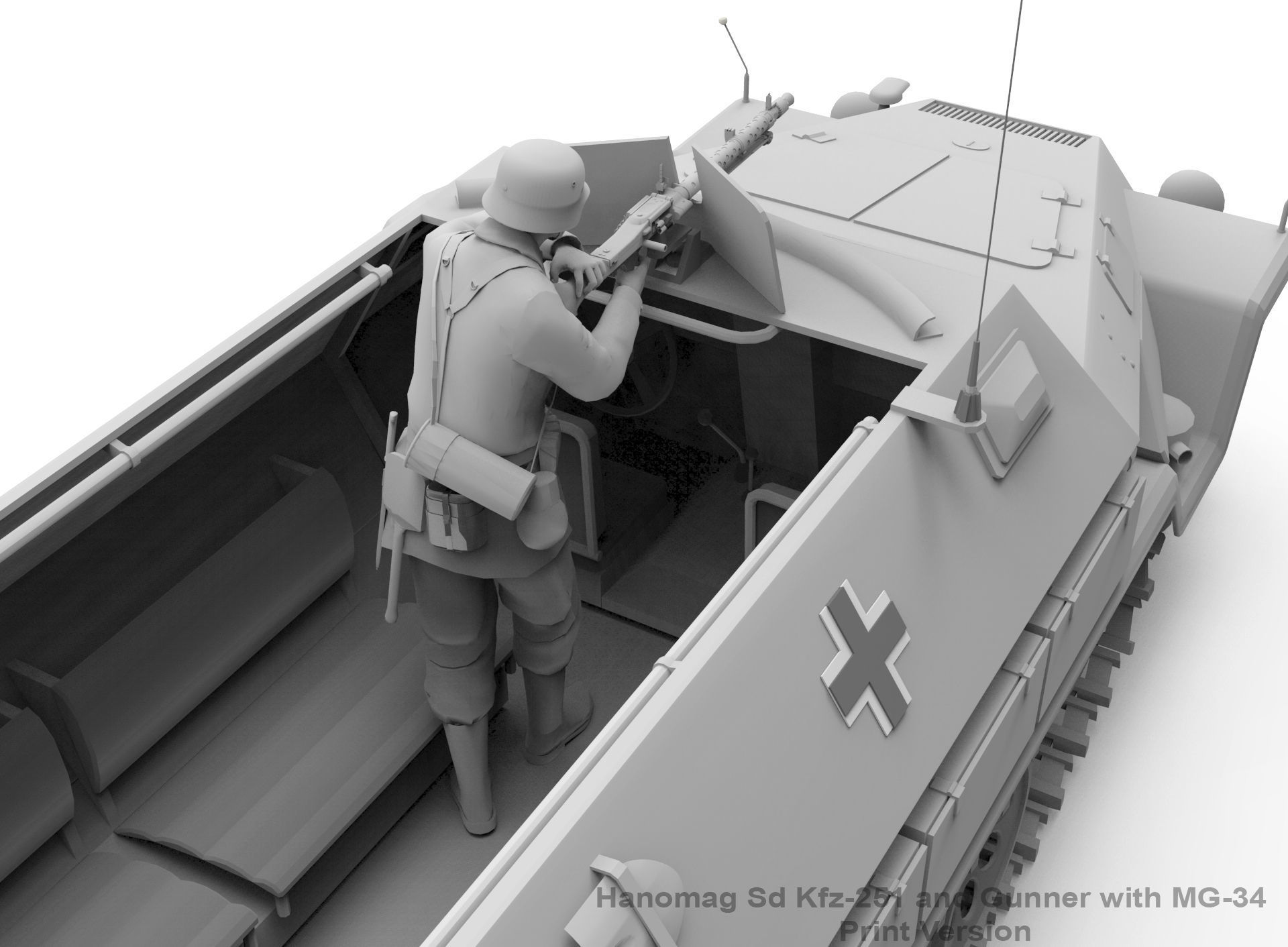 Hanomag Sd Kfz 251 Ausf A and Gunner with MG-34 3D print model_4