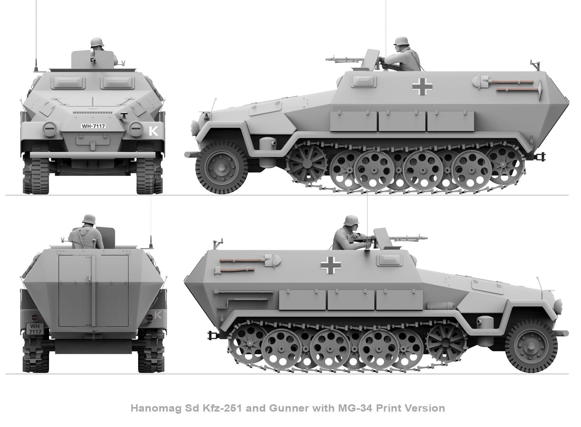 Hanomag Sd Kfz 251 Ausf A and Gunner with MG-34 3D print model_6