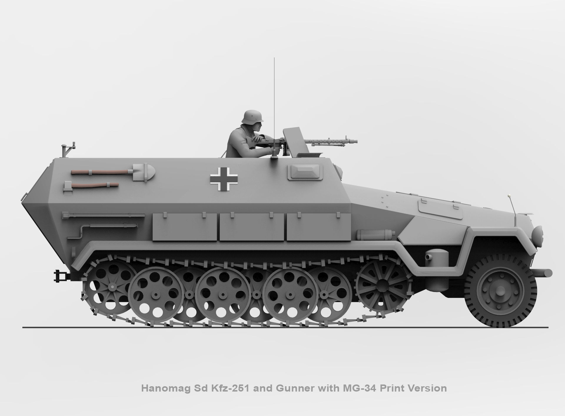 Hanomag Sd Kfz 251 Ausf A and Gunner with MG-34 3D print model_8