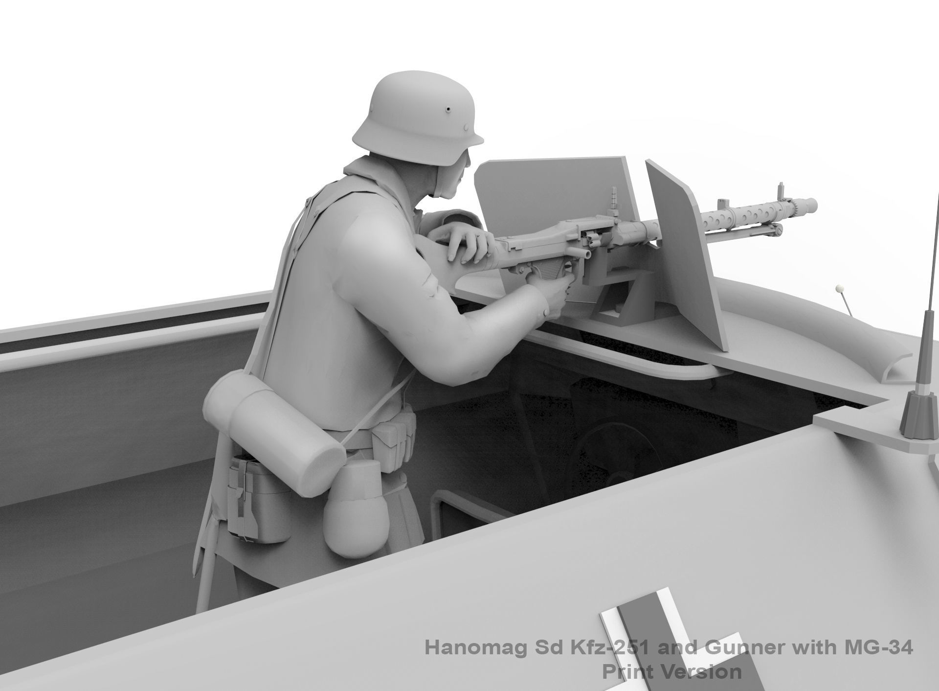 Hanomag Sd Kfz 251 Ausf A and Gunner with MG-34 3D print model_5