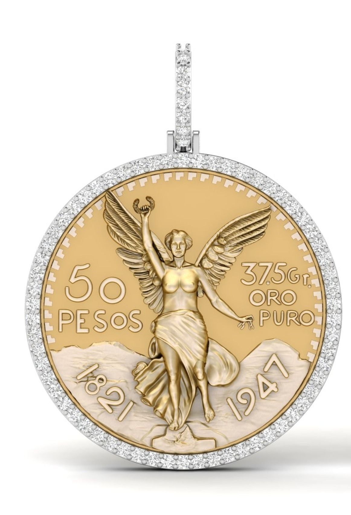 Double Face Mexican 50 Pesos Gold Coin Diamond Pendant  3D print model_1