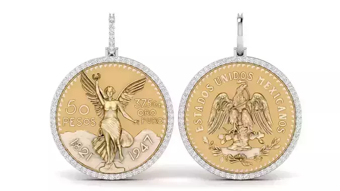 Double Face Mexican 50 Pesos Gold Coin Diamond Pendant  3D print model