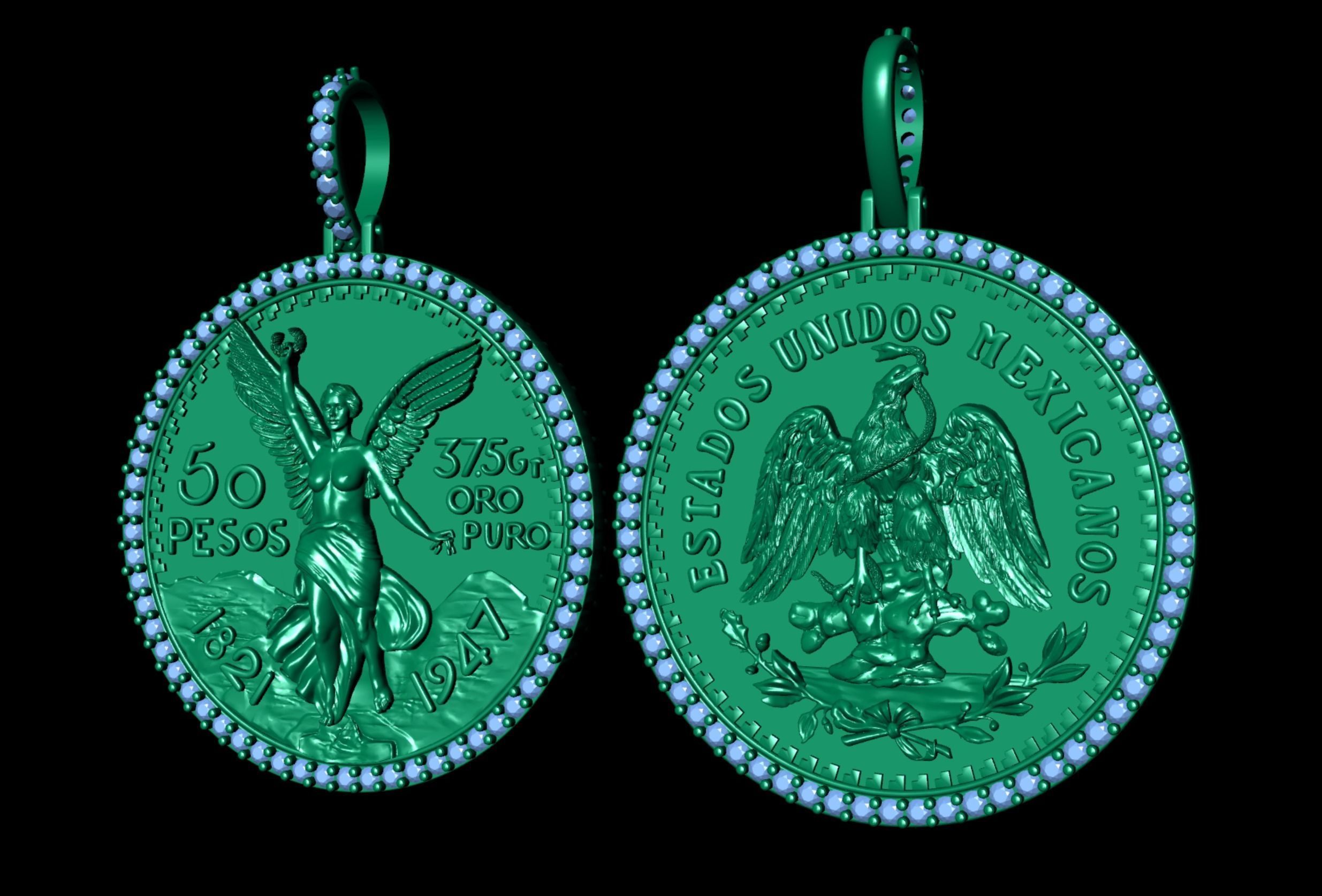 Double Face Mexican 50 Pesos Gold Coin Diamond Pendant  3D print model_4