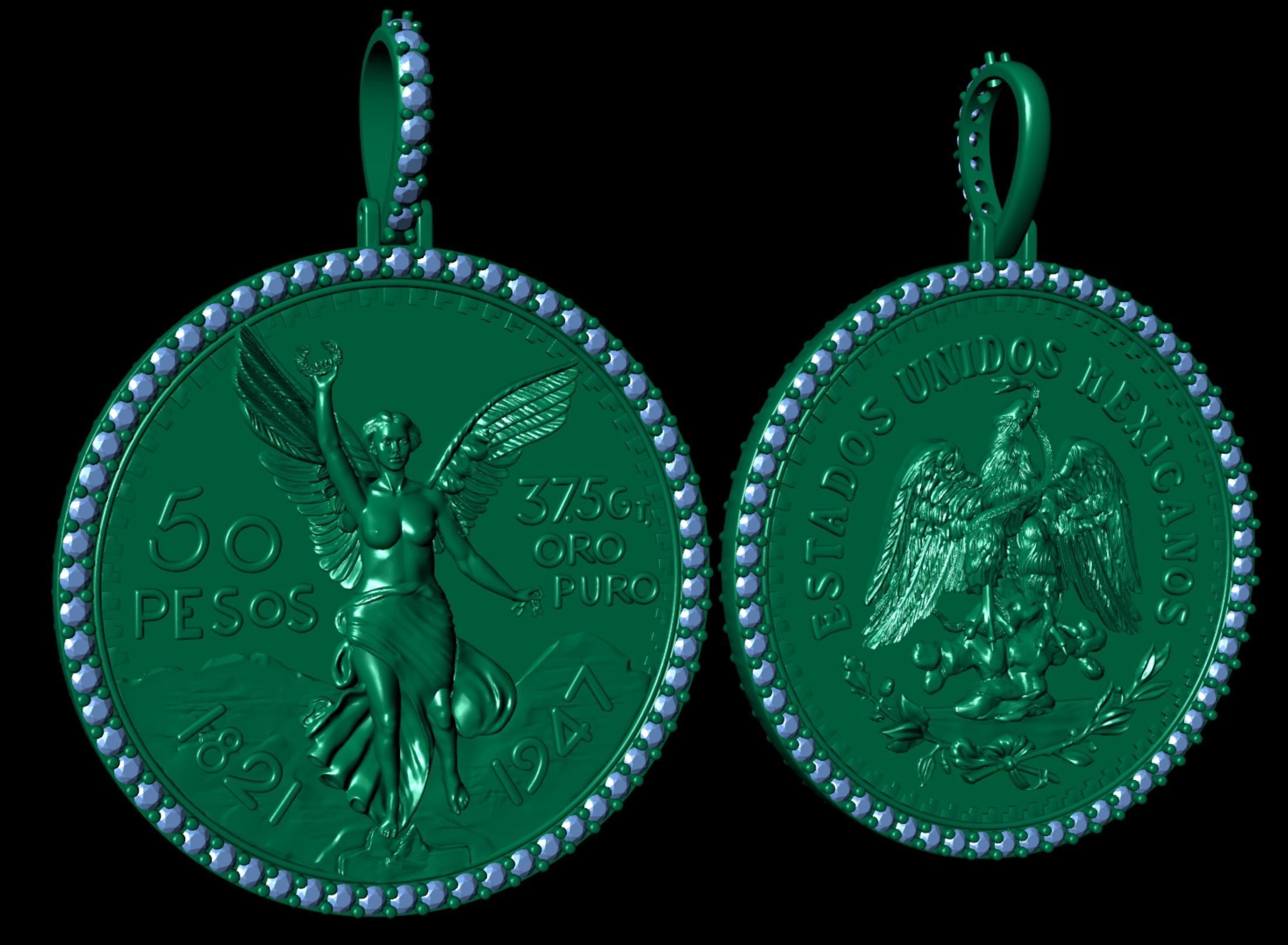 Double Face Mexican 50 Pesos Gold Coin Diamond Pendant  3D print model_3