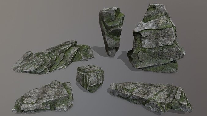 Rock Set with moss Low-poly 3D model
