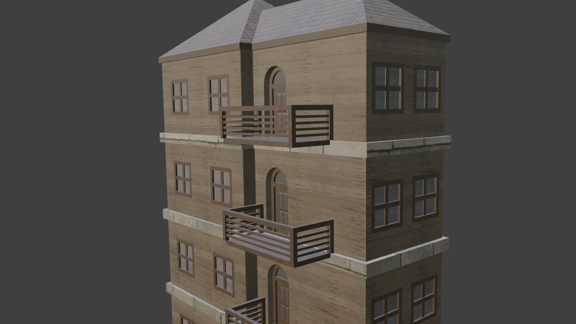House Model 9 wooden building with balconies Low-poly 3D model_2