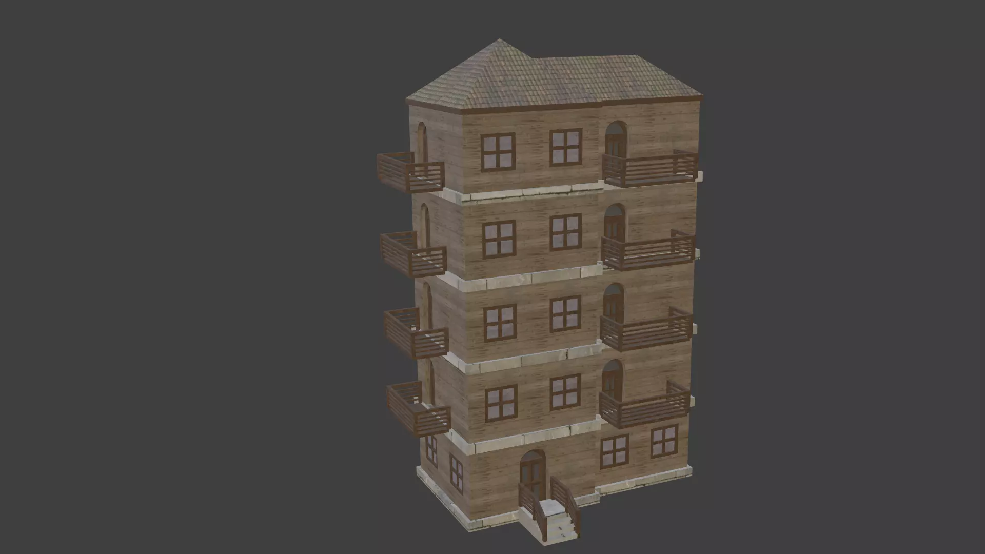House Model 9 wooden building with balconies Low-poly 3D model_0