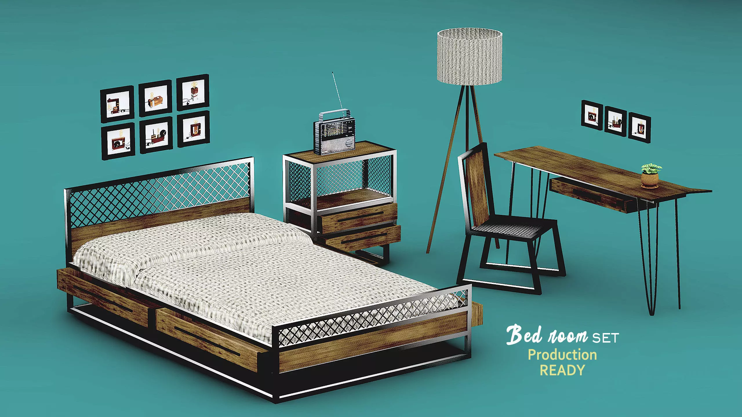 Interior bedroom set industrial design Low-poly 3D model
