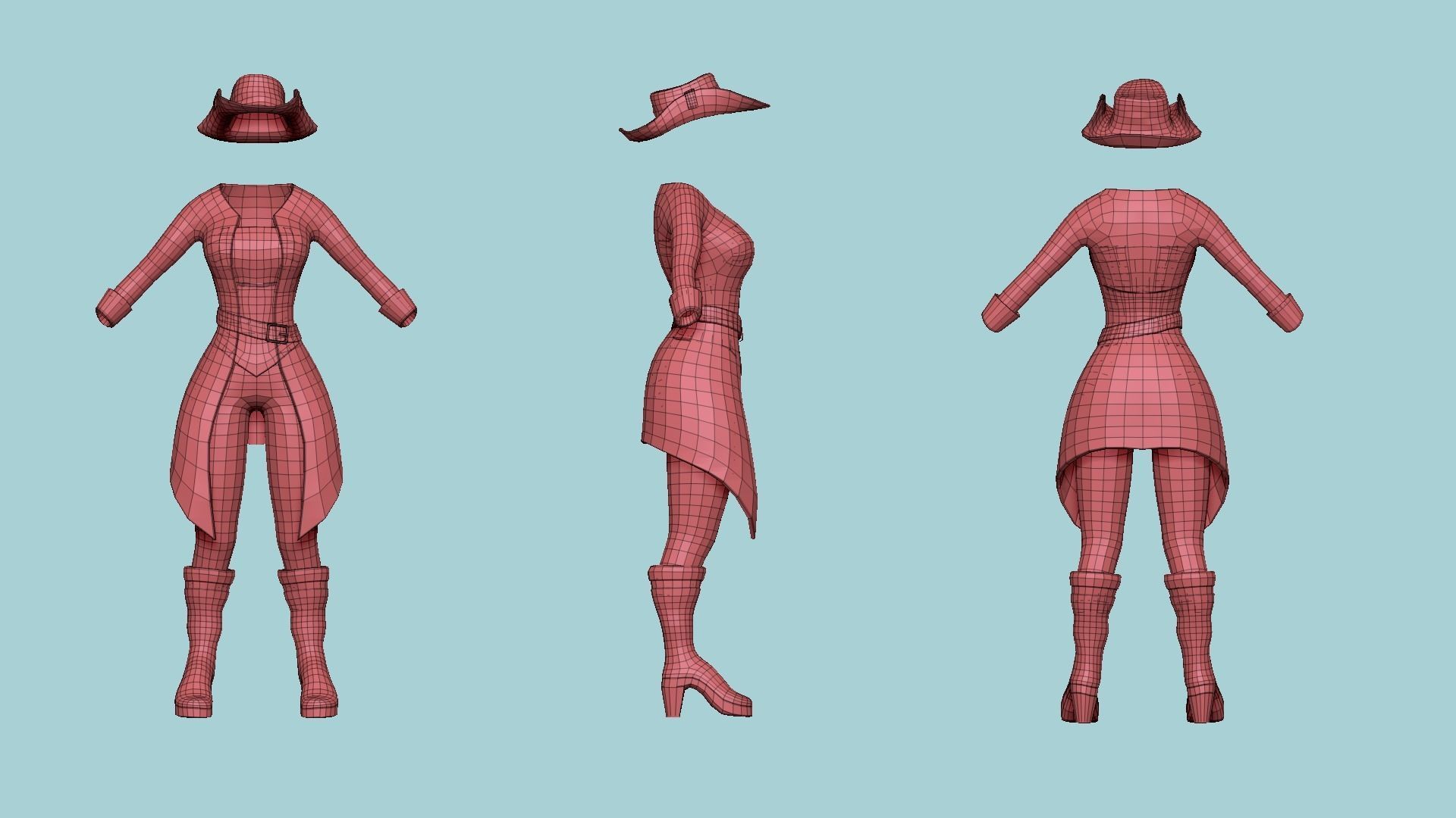 Pirate Female Costume 02 - Black Red - Character Design Fashion Low-poly 3D model_14