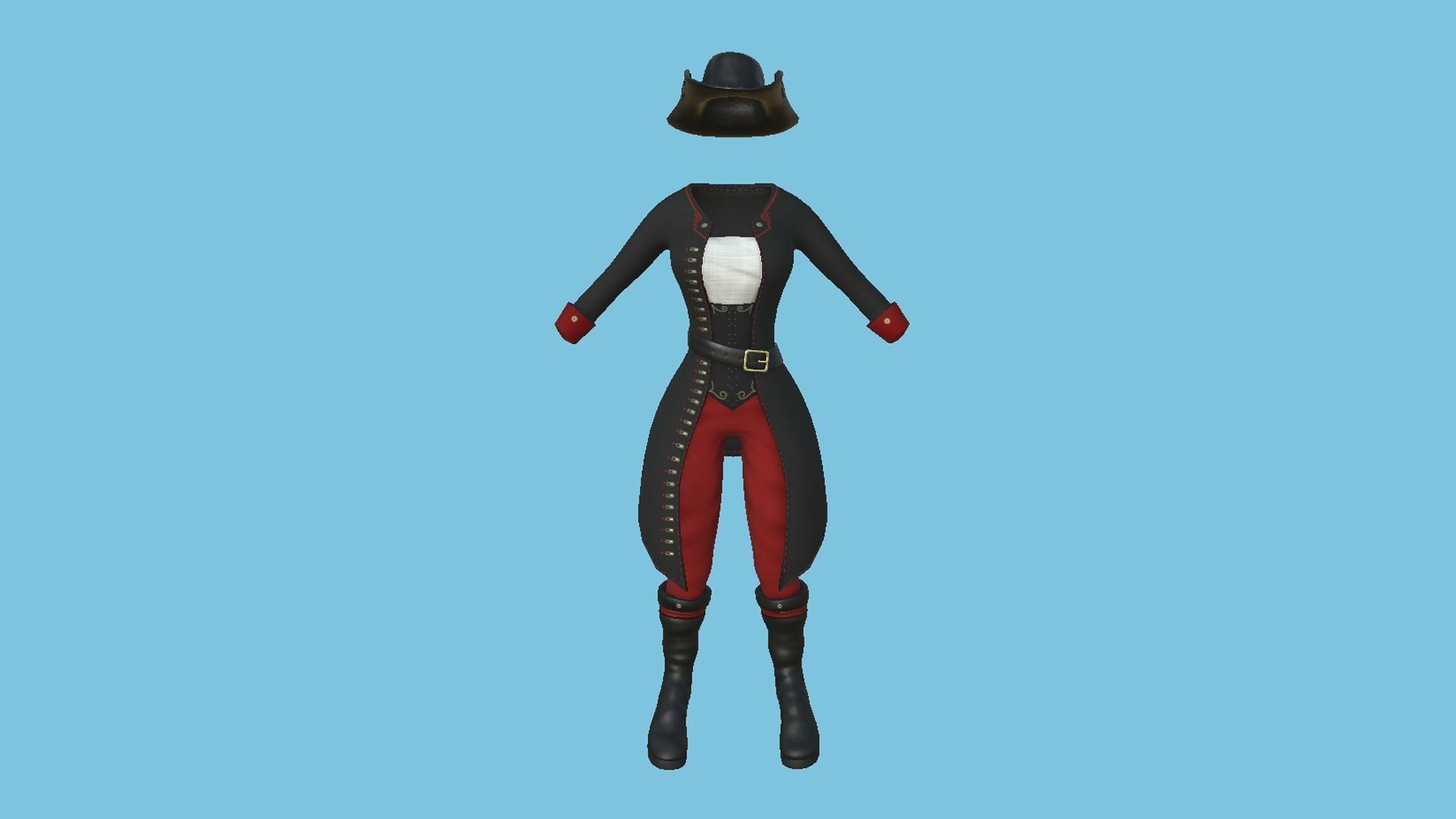 Pirate Female Costume 02 - Black Red - Character Design Fashion Low-poly 3D model_1