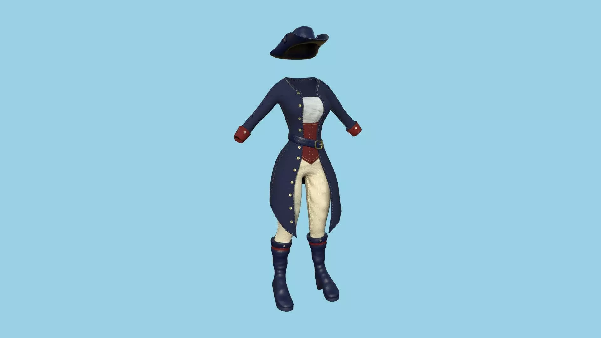 Pirate Female Costume 03 Blue Red - Character Design Fashion Low-poly 3D model_0