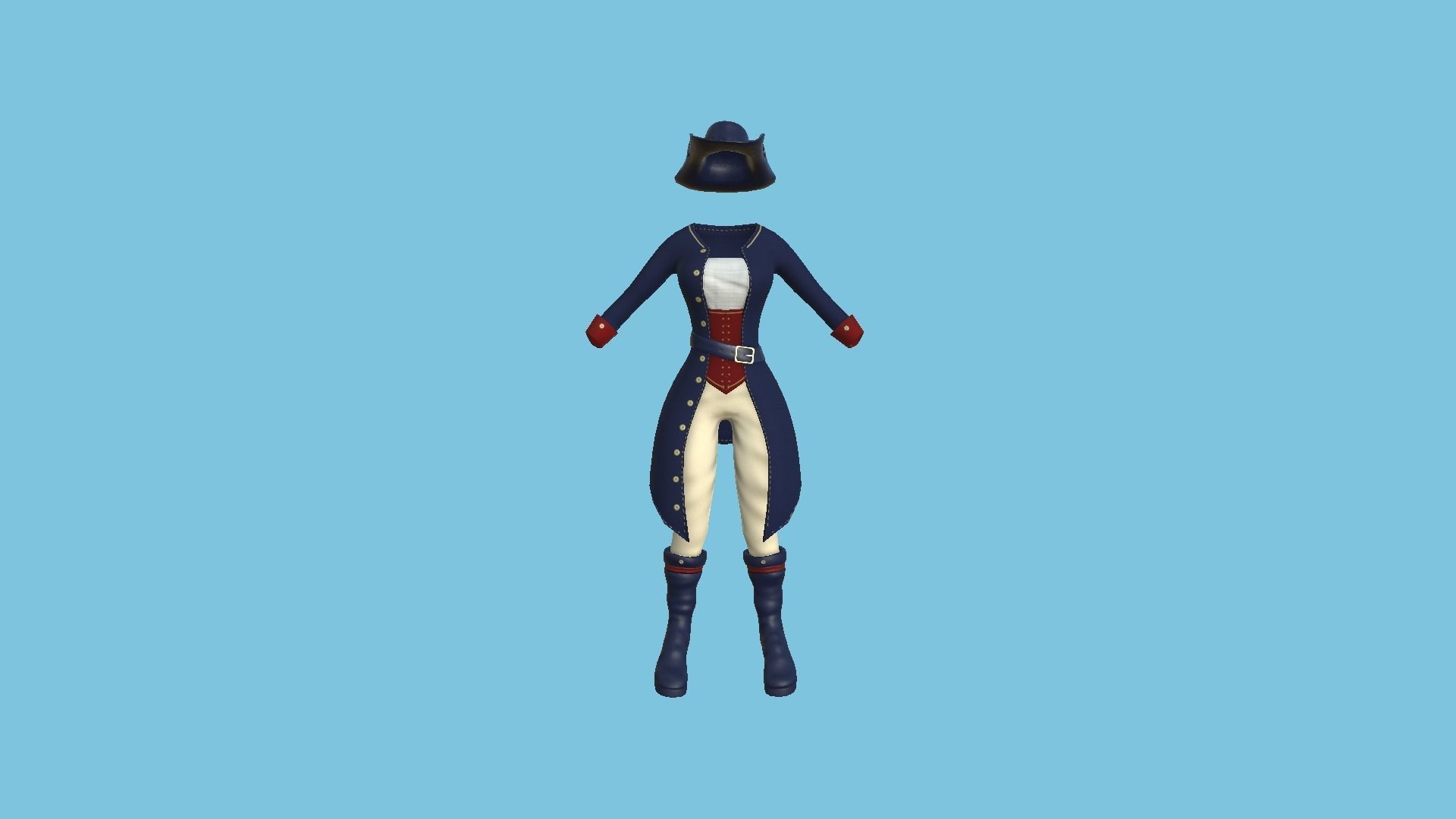 Pirate Female Costume 03 Blue Red - Character Design Fashion Low-poly 3D model_1
