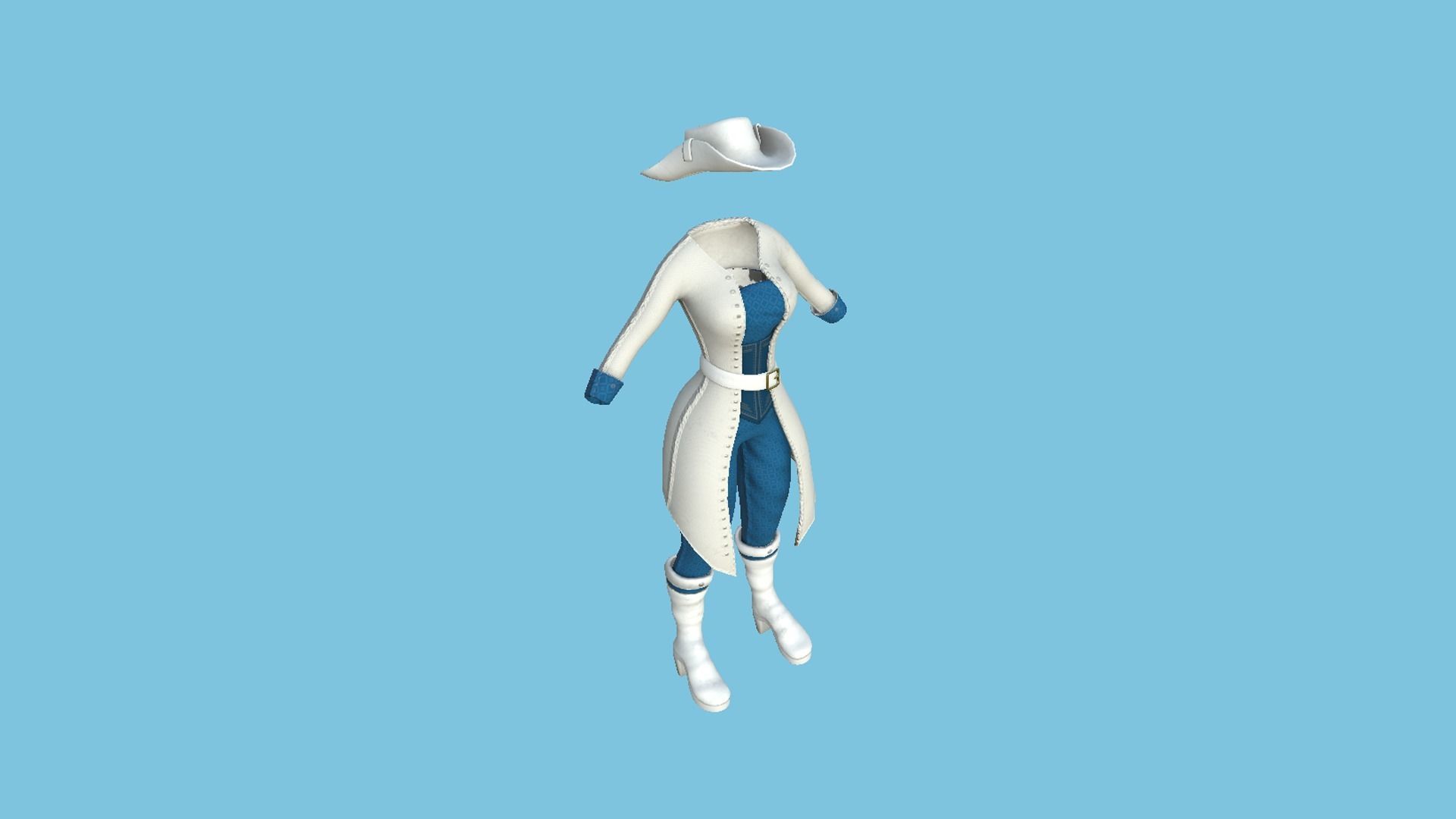 Pirate Female Costume 05 White Blue- Character Design Fashion Low-poly 3D model_4