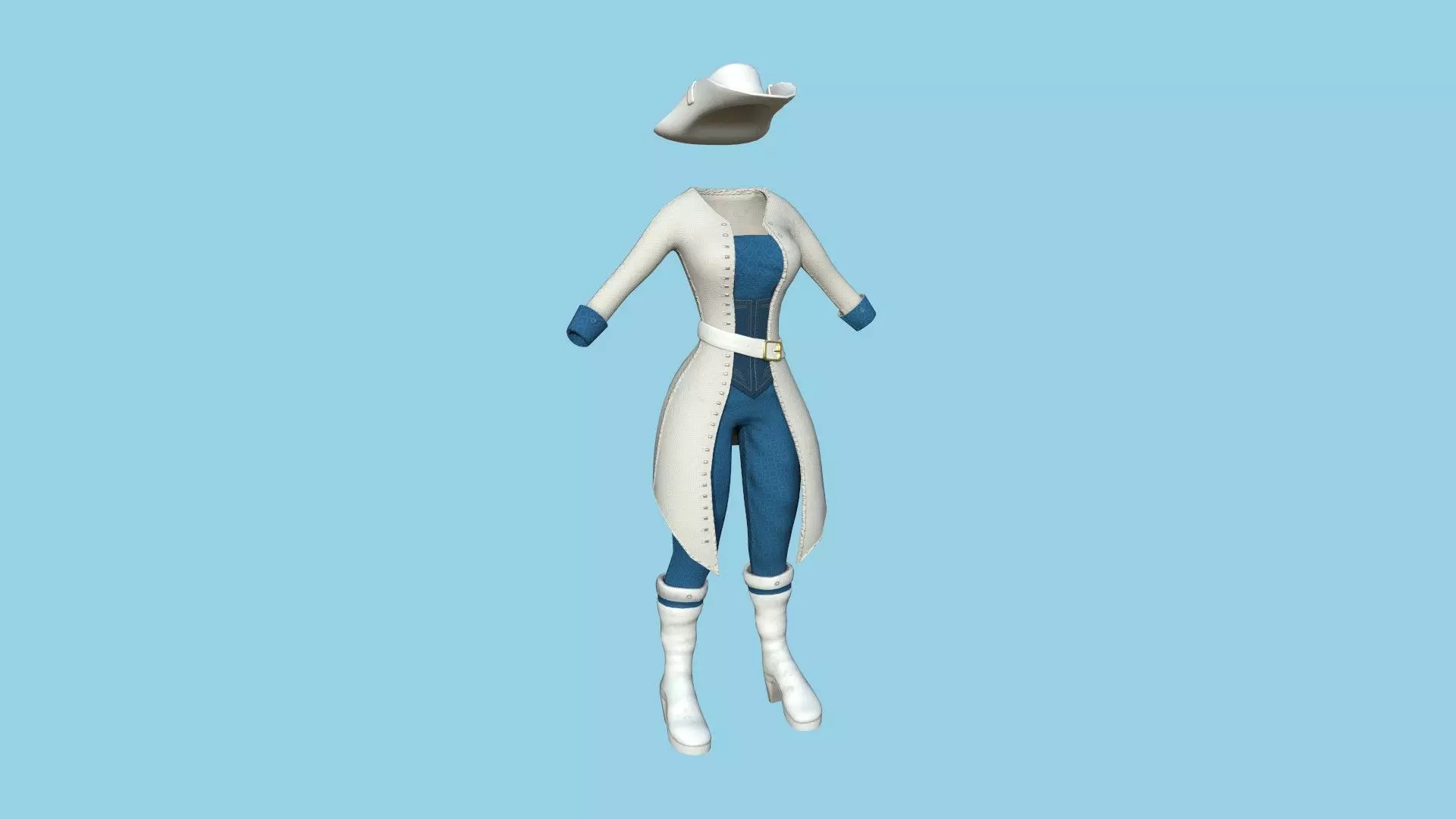 Pirate Female Costume 05 White Blue- Character Design Fashion Low-poly 3D model_0