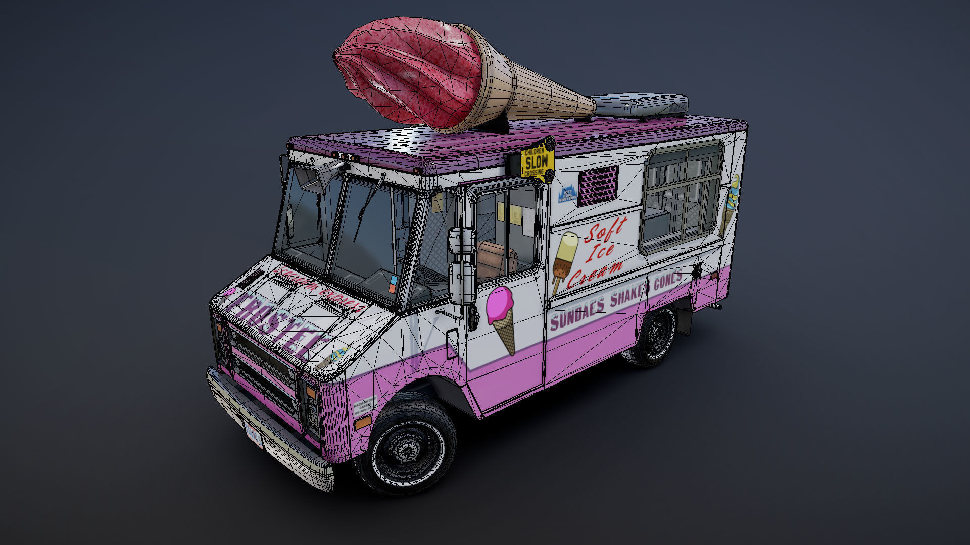 Ice Cream vintage truck Low-poly 3D model_32