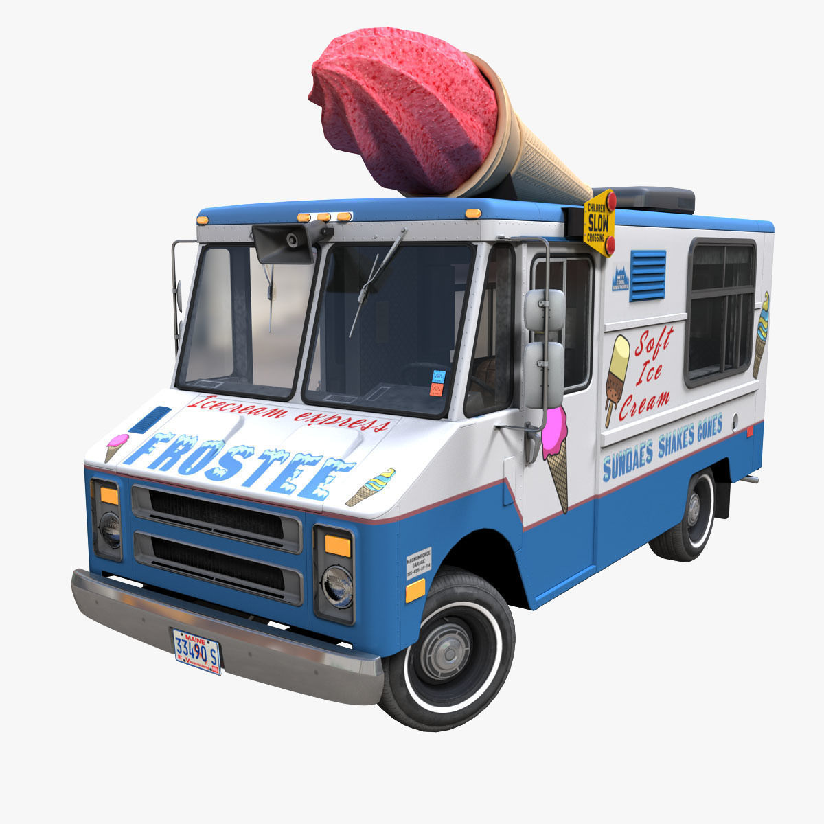 Ice Cream vintage truck Low-poly 3D model_0