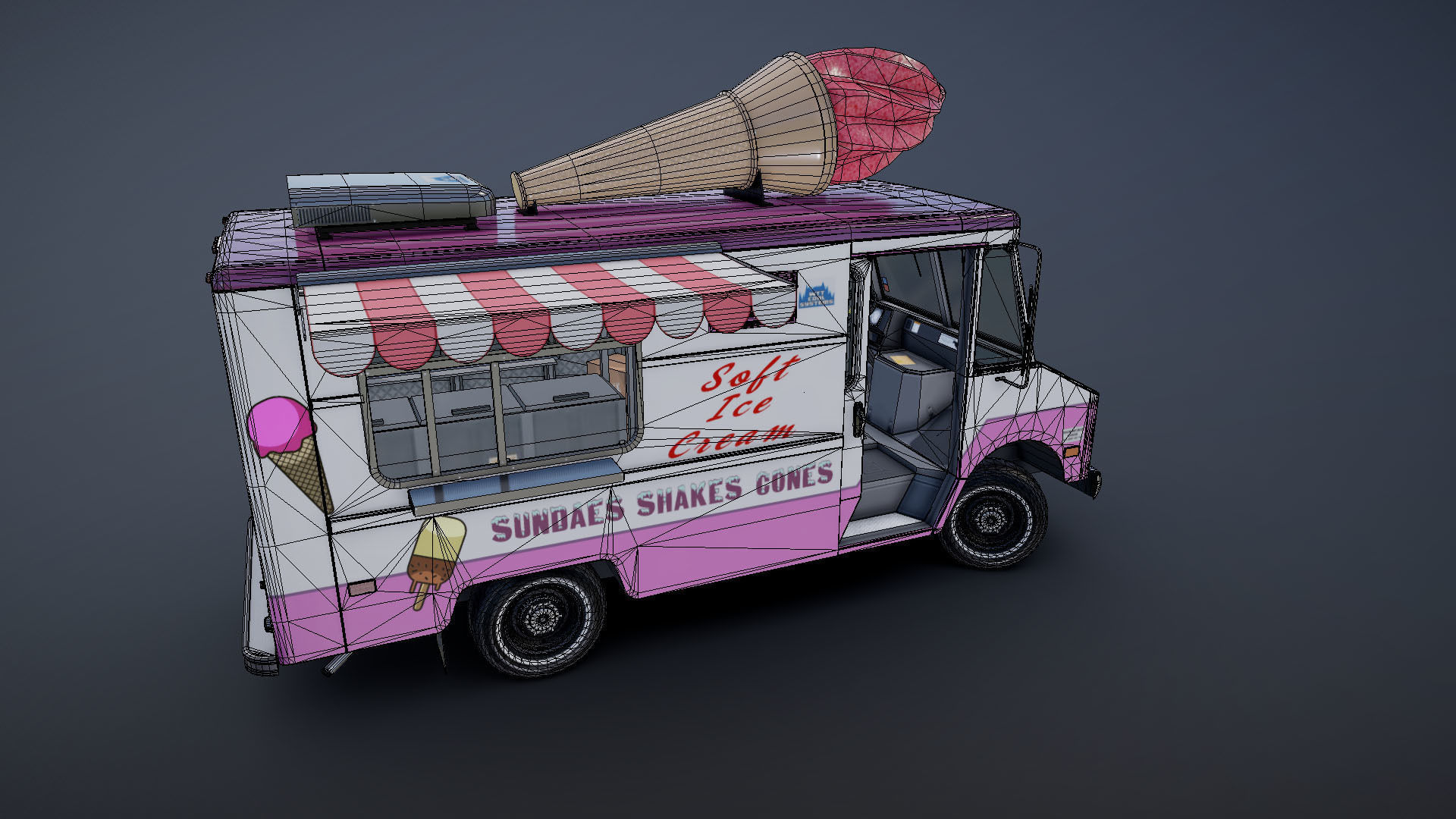 Ice Cream vintage truck Low-poly 3D model_33
