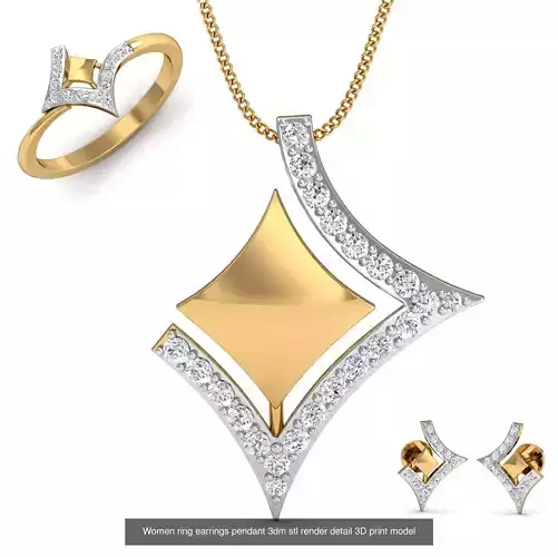 10 Geometric Women ring earrings pendant 3dm stl render detail 3D Model Collection
