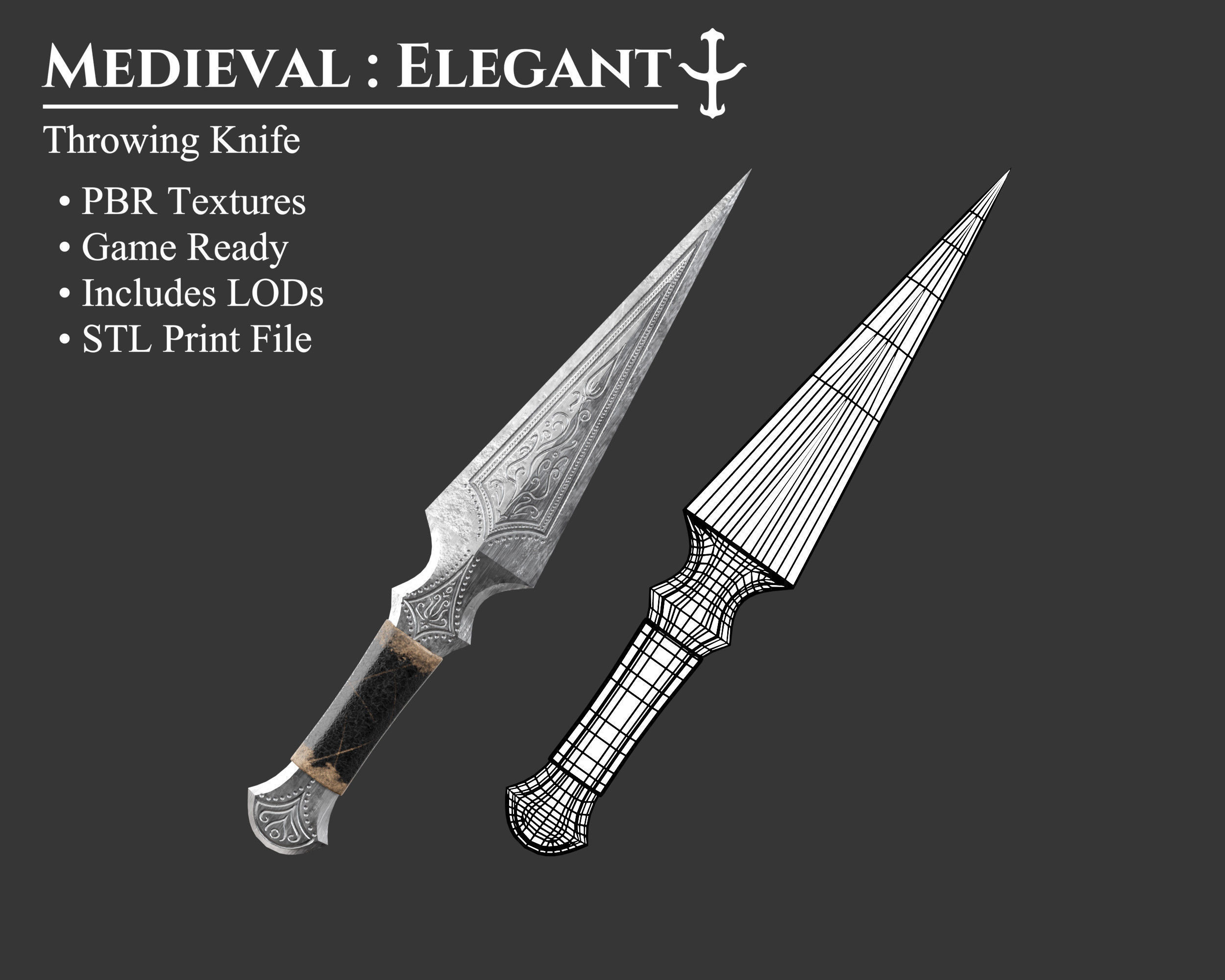 Medieval Elegant Weapon Throwing Knife Low-poly 3D model_1