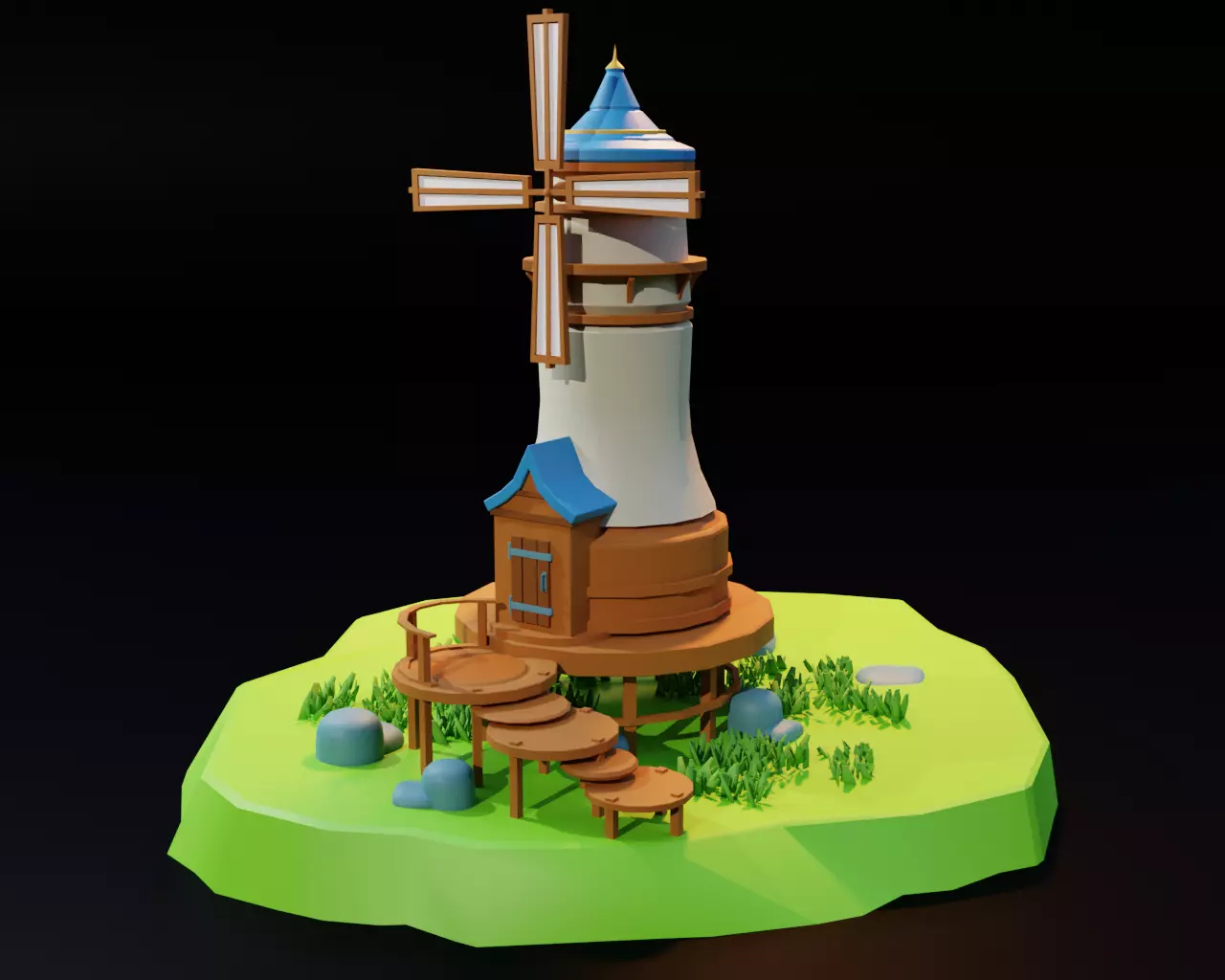 Lowpoly Mill windmill on island Low-poly 3D model