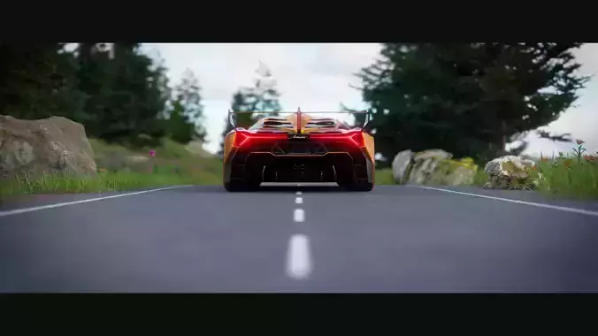 Realistic High-Poly Forest orange car road