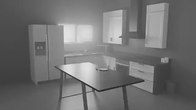 Low poly 3D model kitchen with table and chairs
