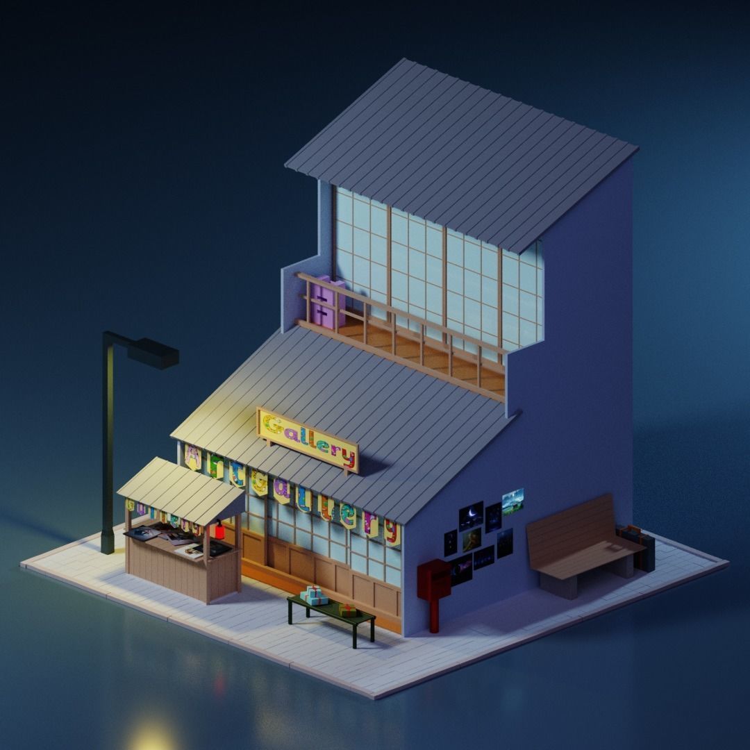 Low Poly Art Gallery Building Scene Low-poly 3D model_3