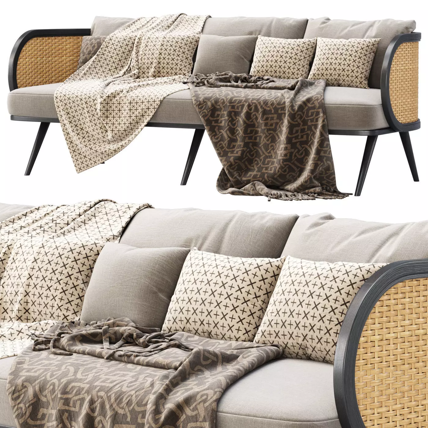 Victoria wooden rattan three-seater sofa BA70 3D model